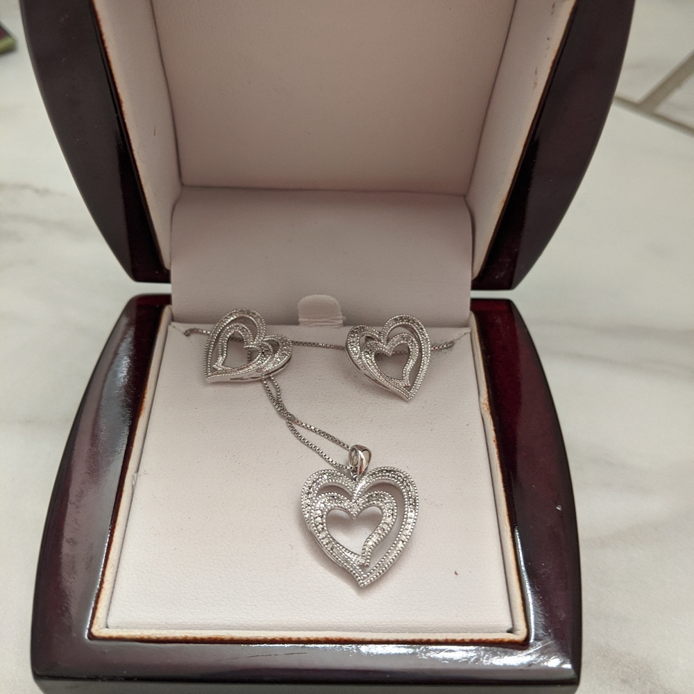 Sterling Silver Diamond Necklace and Earrings